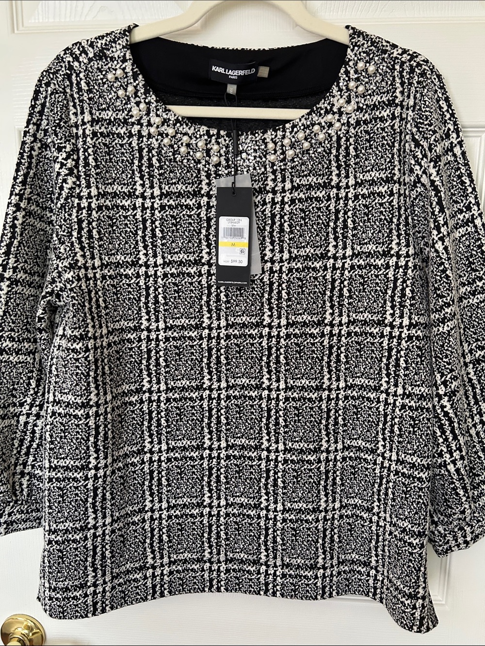 Karl Lagerfeld Black & White Plaid Pearl-Embellished Tweed Tunic Top